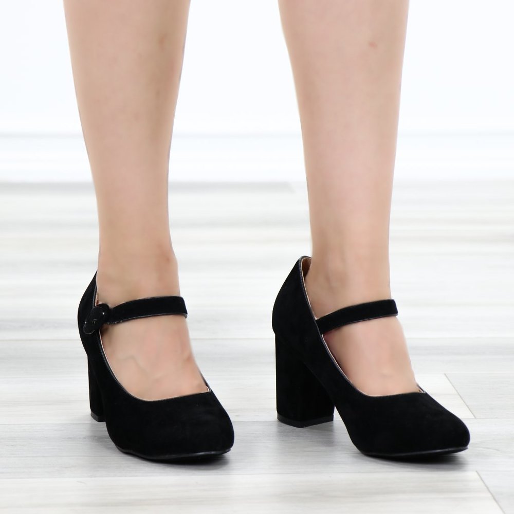 Cute Black Faux Suede Chunky Heel Pumps - Picture 3 of 13